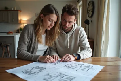 Jeune couple discutant de plans dans une maison rénovée