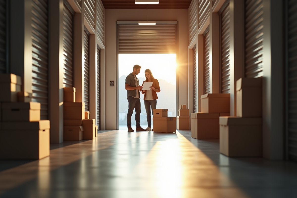 Couple examinant un contrat dans un espace de stockage propre