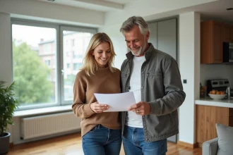 Couple en intérieur rénové avec documents et sourire