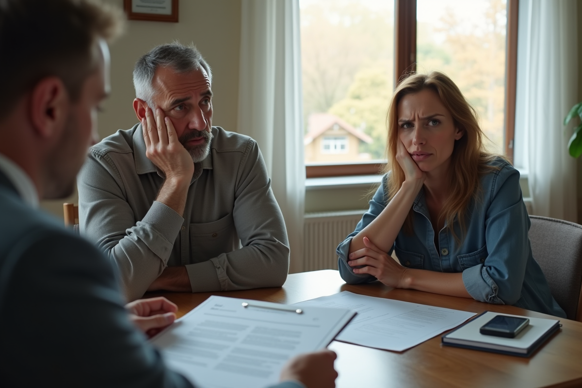 Couple inquiet examinant un contrat immobilier avec un avocat