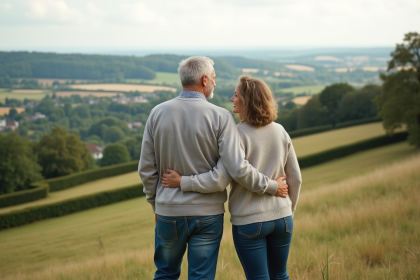 Couple souriant sur une colline verdoyante en campagne