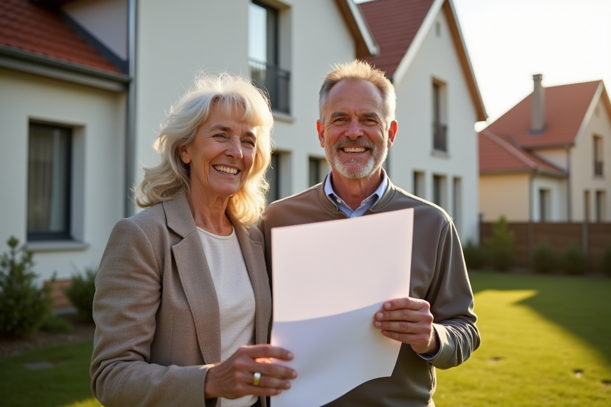 Couple senior souriant tenant des documents devant leur maison