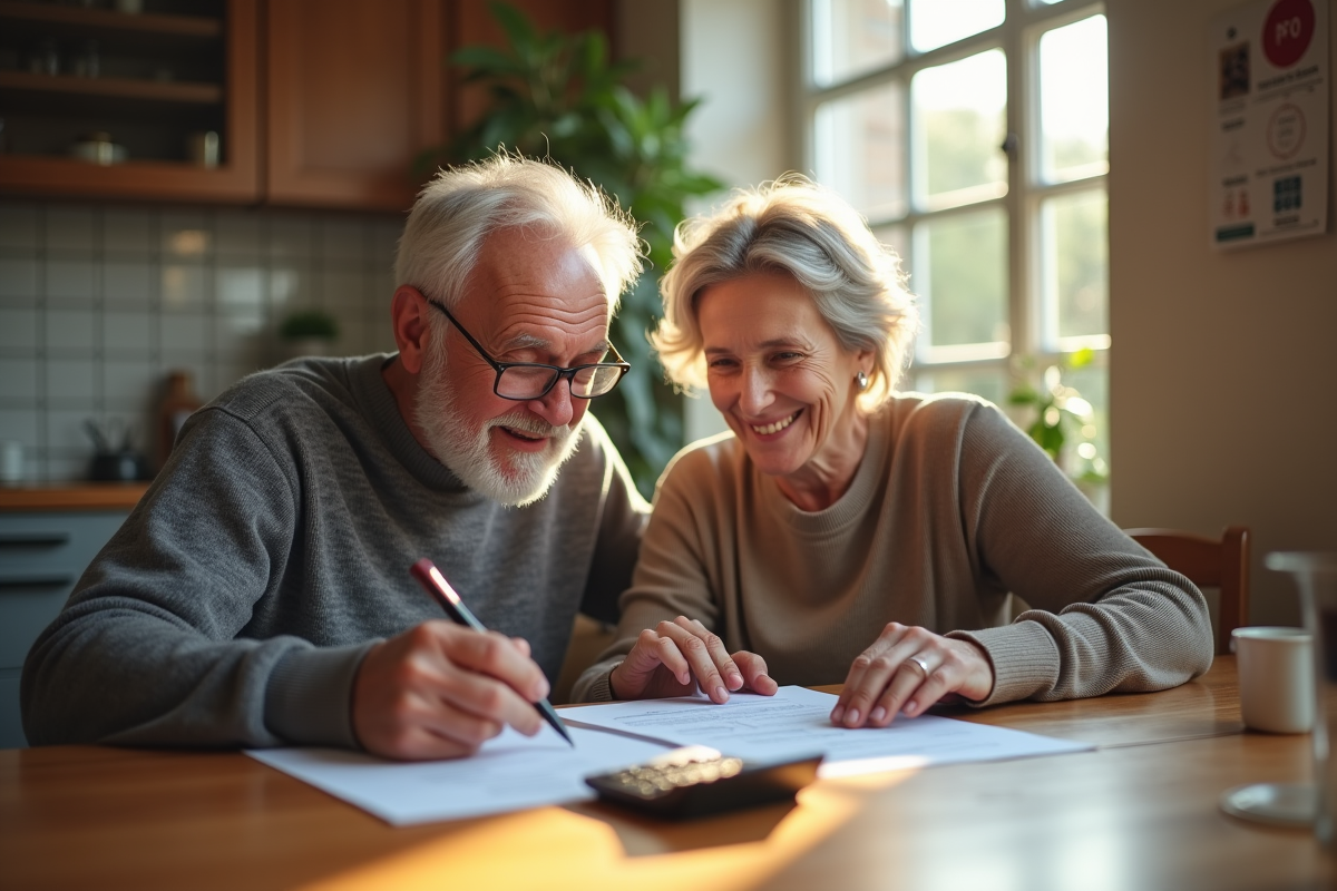 Couple senior souriant examinant des documents à la maison