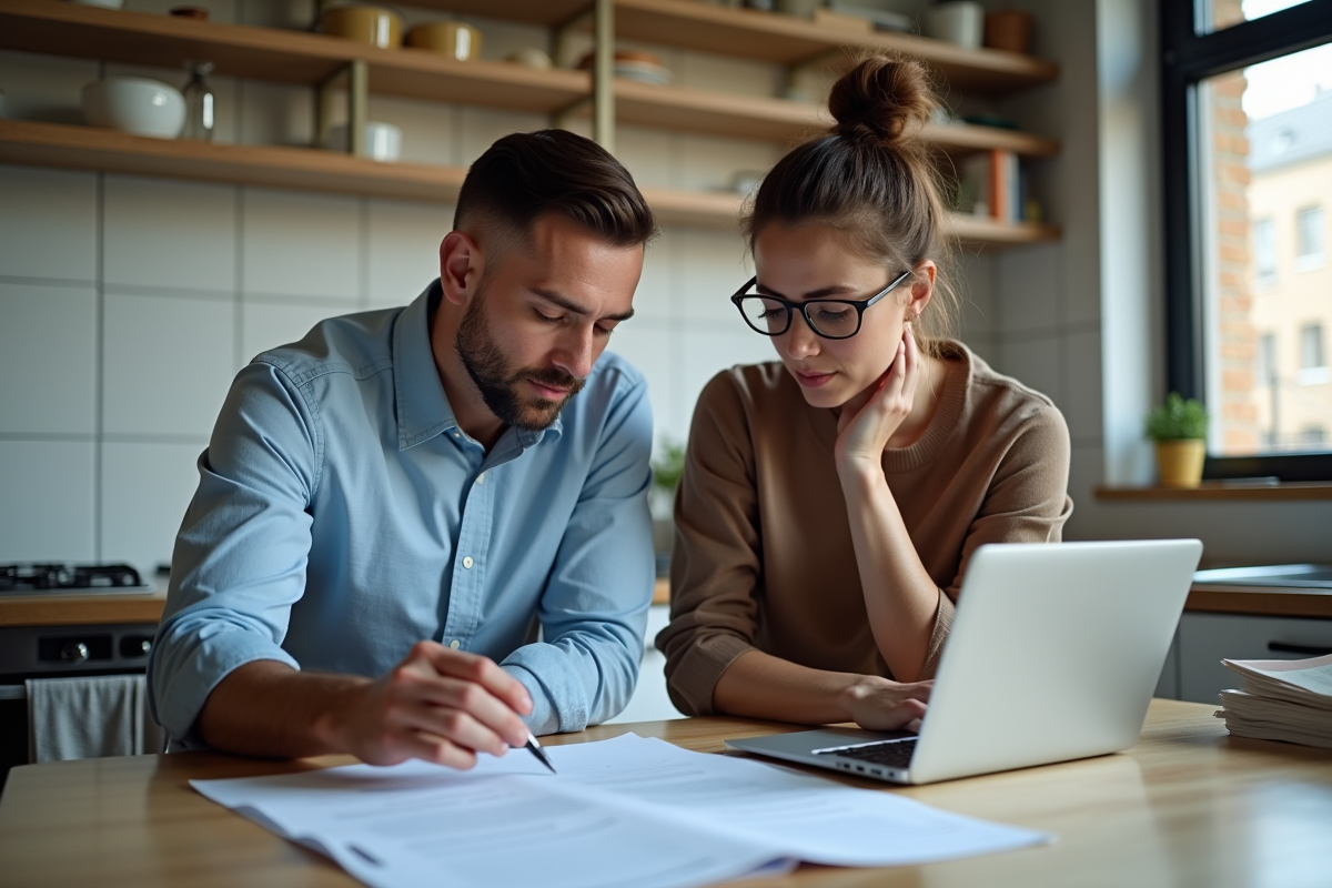 Jeune couple examinant une checklist dans une cuisine urbaine