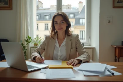 Jeune femme préparant son dossier de demande de logement social à Paris dans un appartement parisien