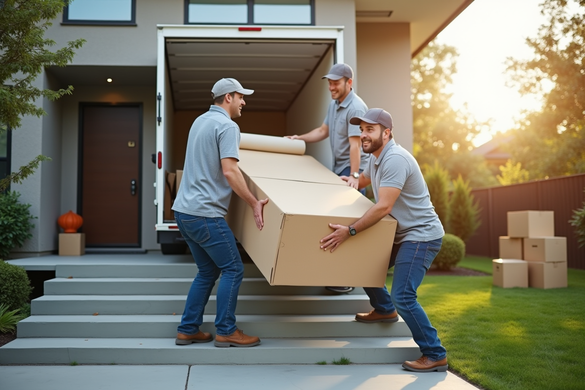 Déménageurs professionnels portant un canapé vers une maison moderne en journée