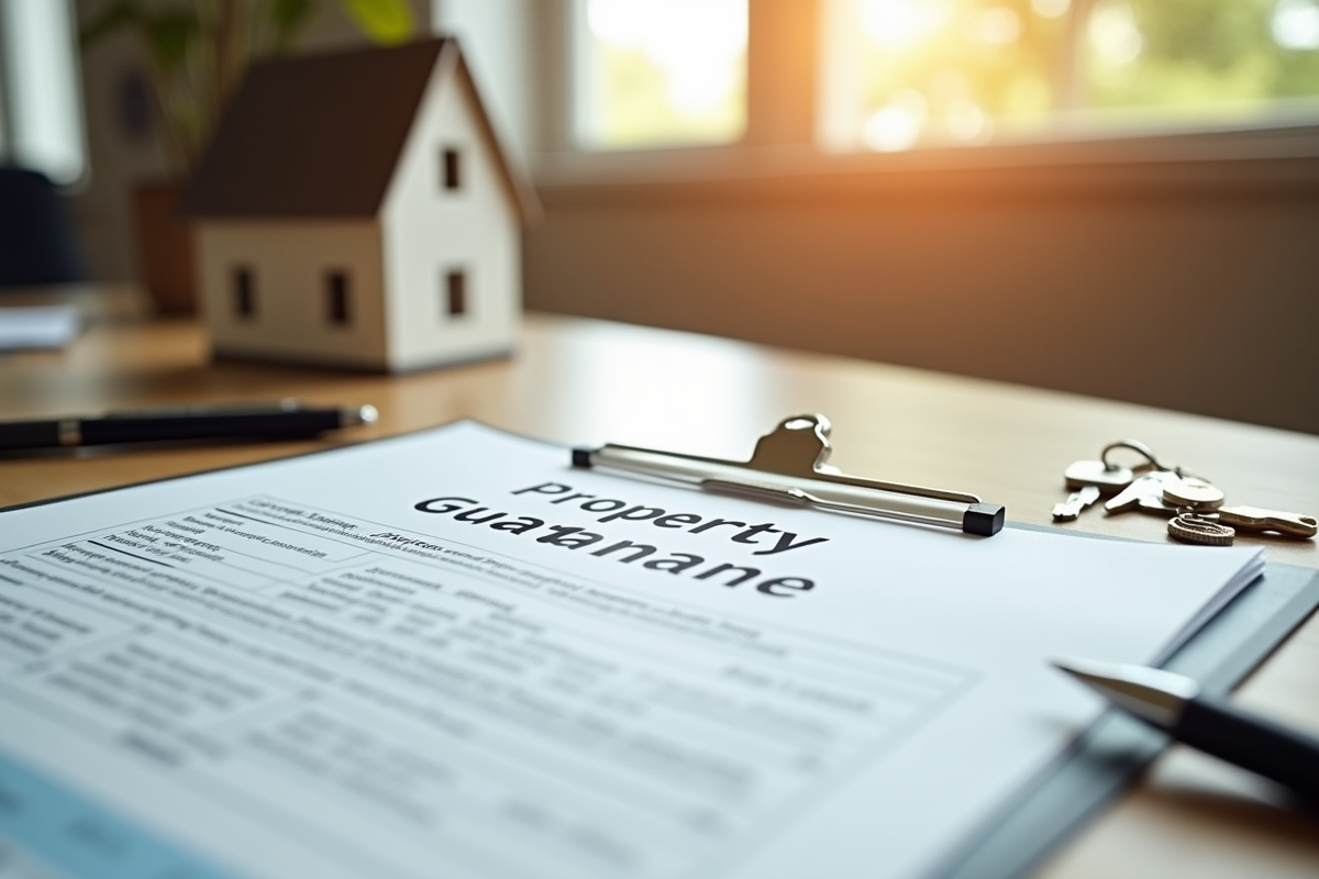 Gros plan sur un document de garantie immobilière avec clés et modèle de maison