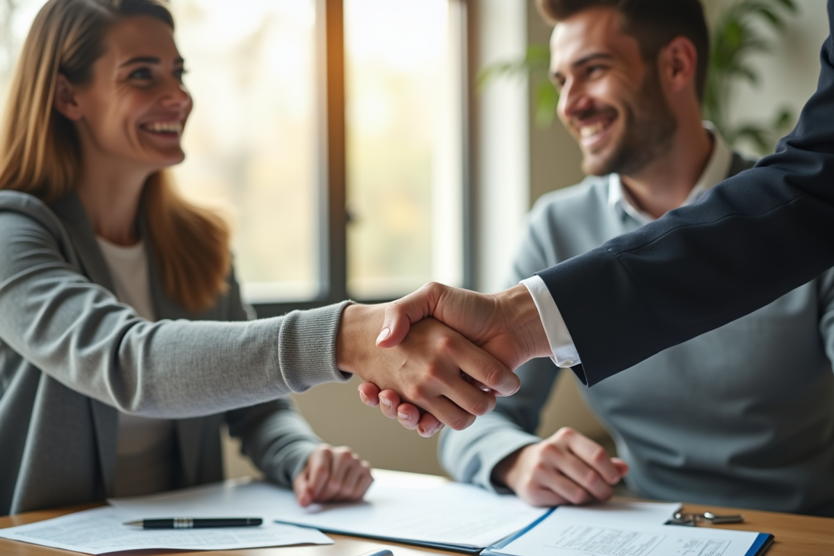 Poignée de main entre acheteur et agent immobilier dans un salon lumineux