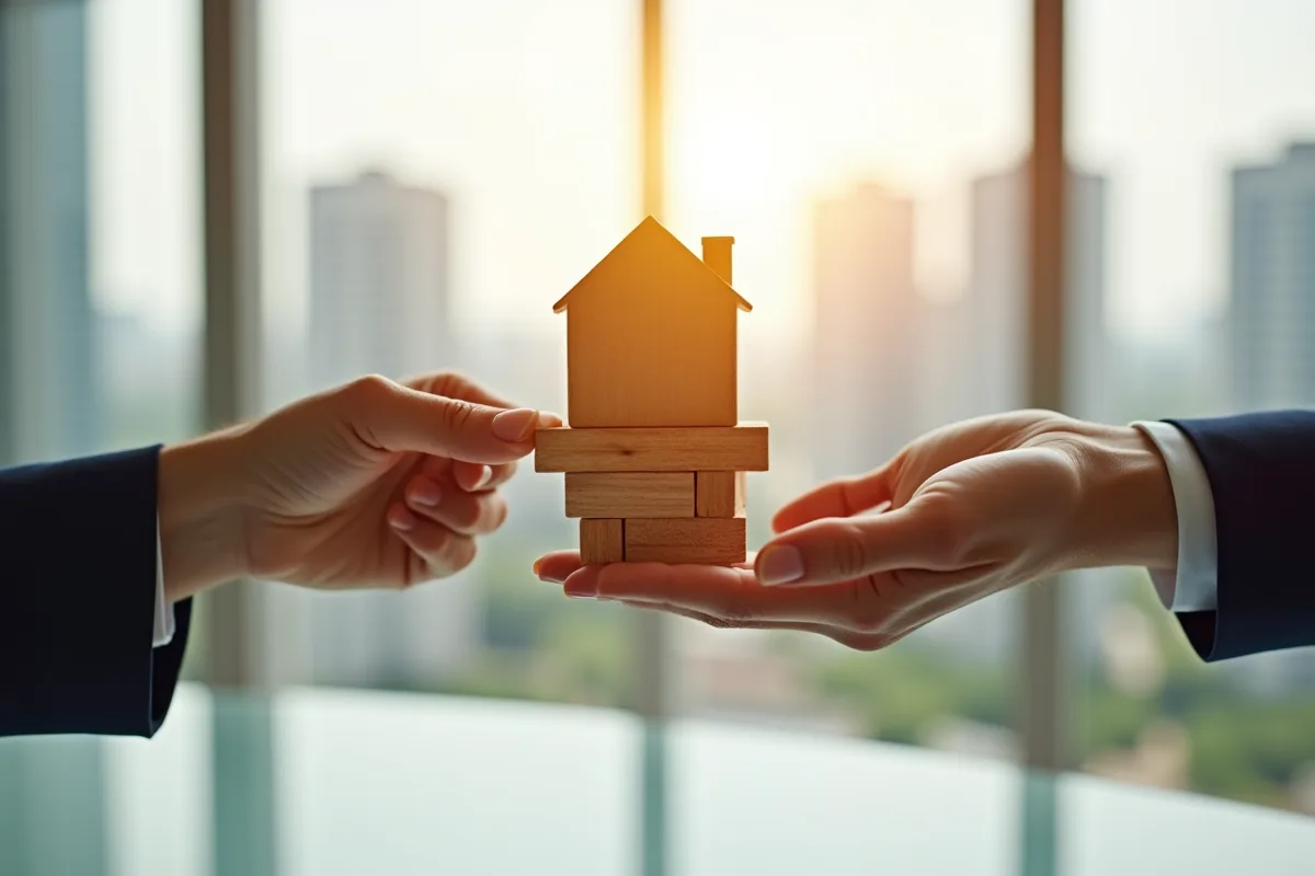 Echange de briques et maquette de maison dans un bureau lumineux