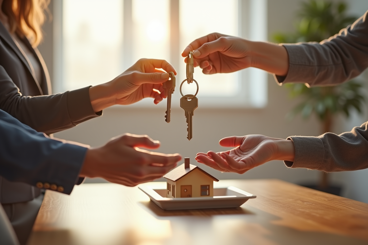 Main passant des clés de maison entre plusieurs mains dans un salon lumineux
