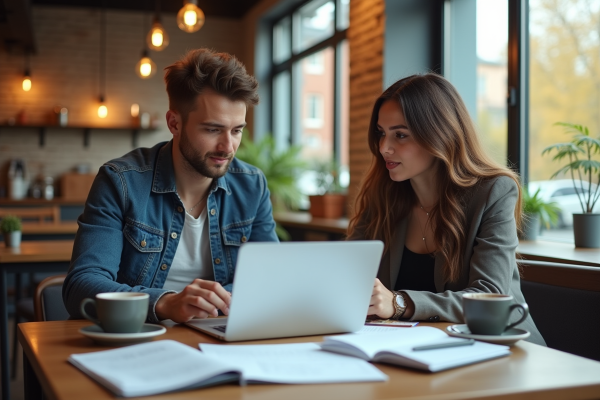 Jeunes entrepreneurs discutant stratégie immobiliere dans un cafe