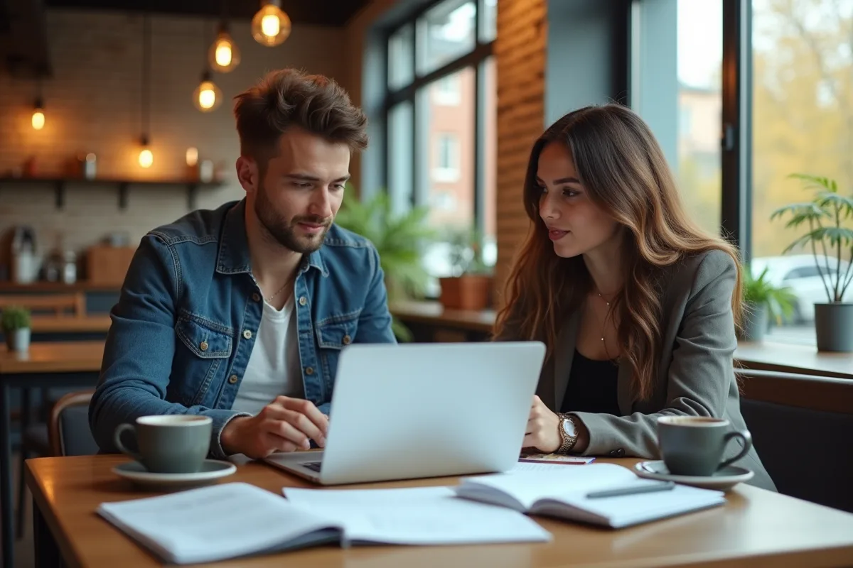 Jeunes entrepreneurs discutant stratégie immobiliere dans un cafe