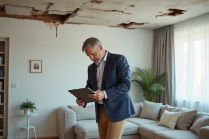 Homme professionnel examine un plafond endommagé par l'eau