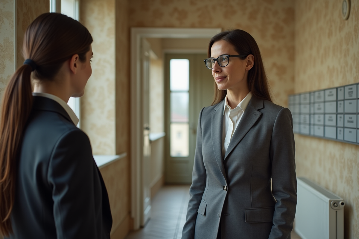 Experte en assurance discute avec un locataire dans un couloir