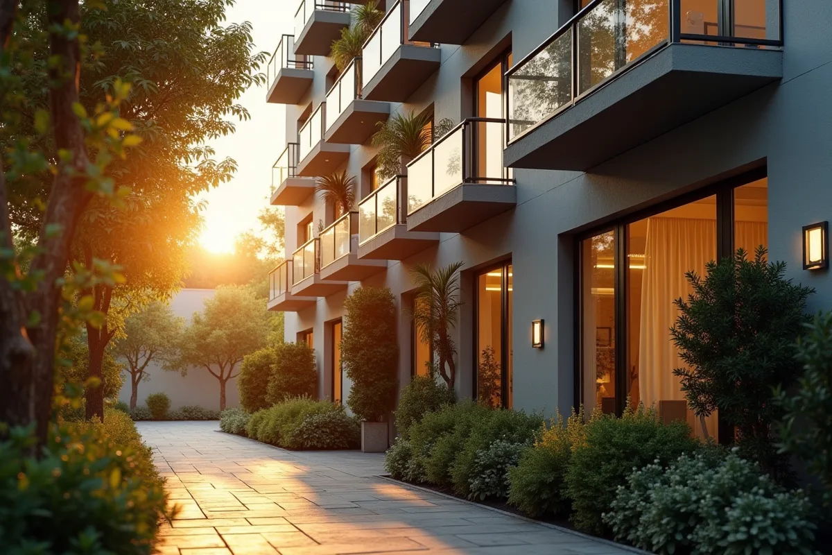Façade d immeuble élégant avec balcon et panneau a vendre