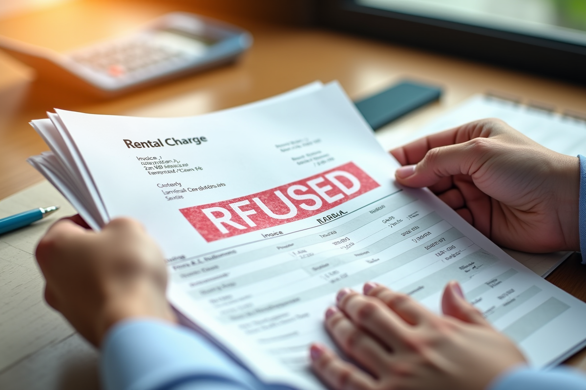 Mains tenant des factures de loyer refusees sur un bureau en journee