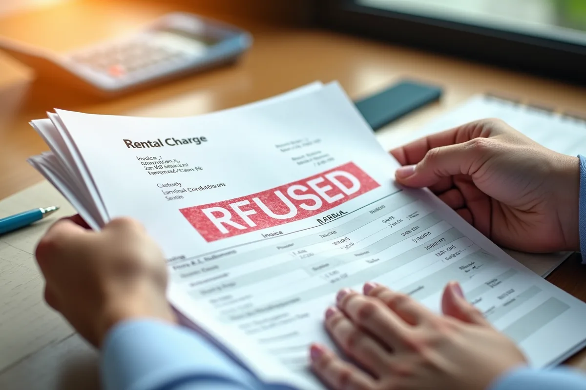 Mains tenant des factures de loyer refusees sur un bureau en journee