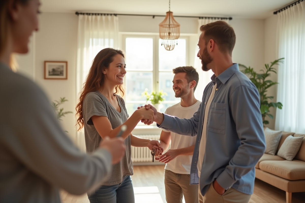 Famille recevant les clés de leur maison dans un salon lumineux