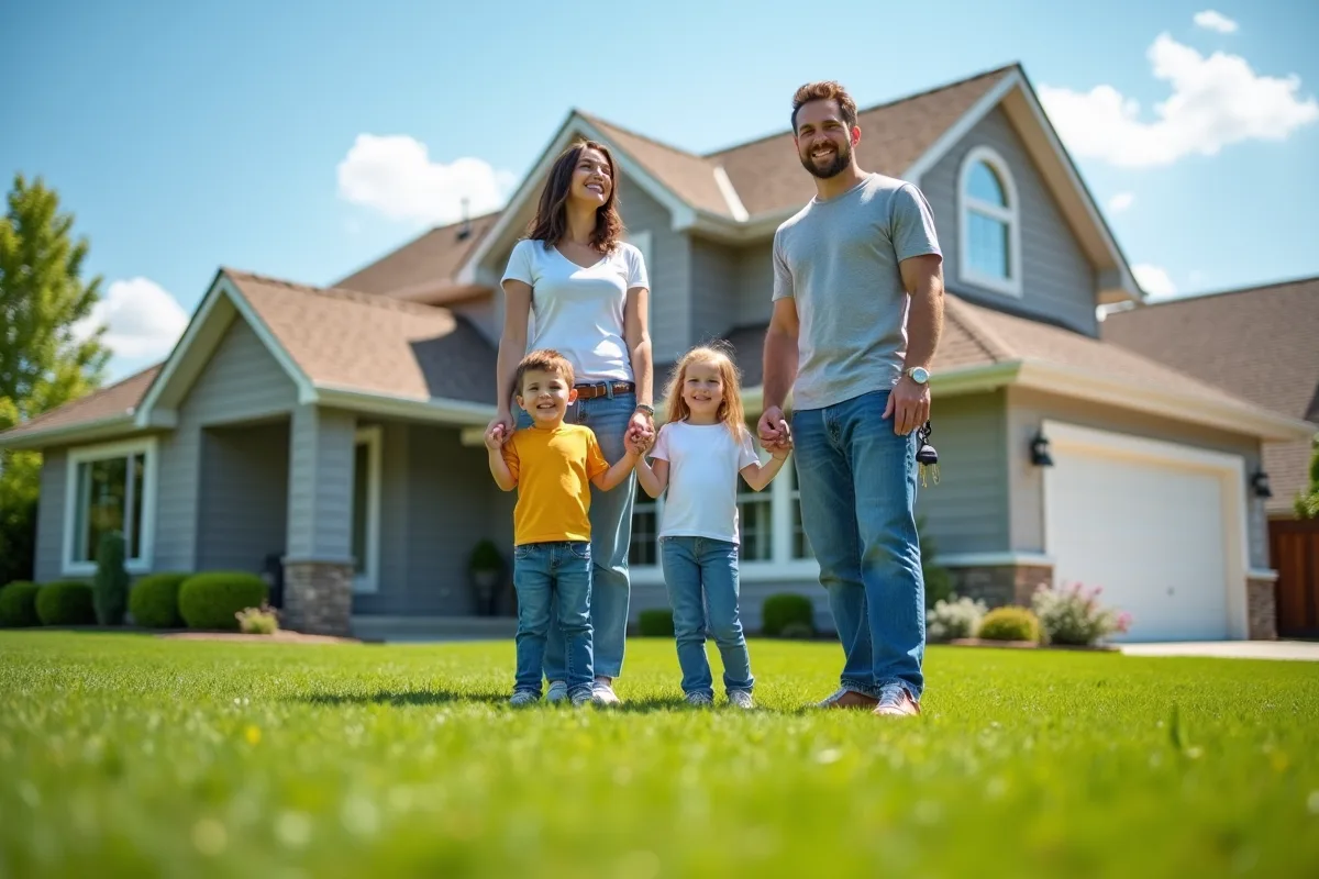 Famille acheteuse devant leur nouvelle maison souriante
