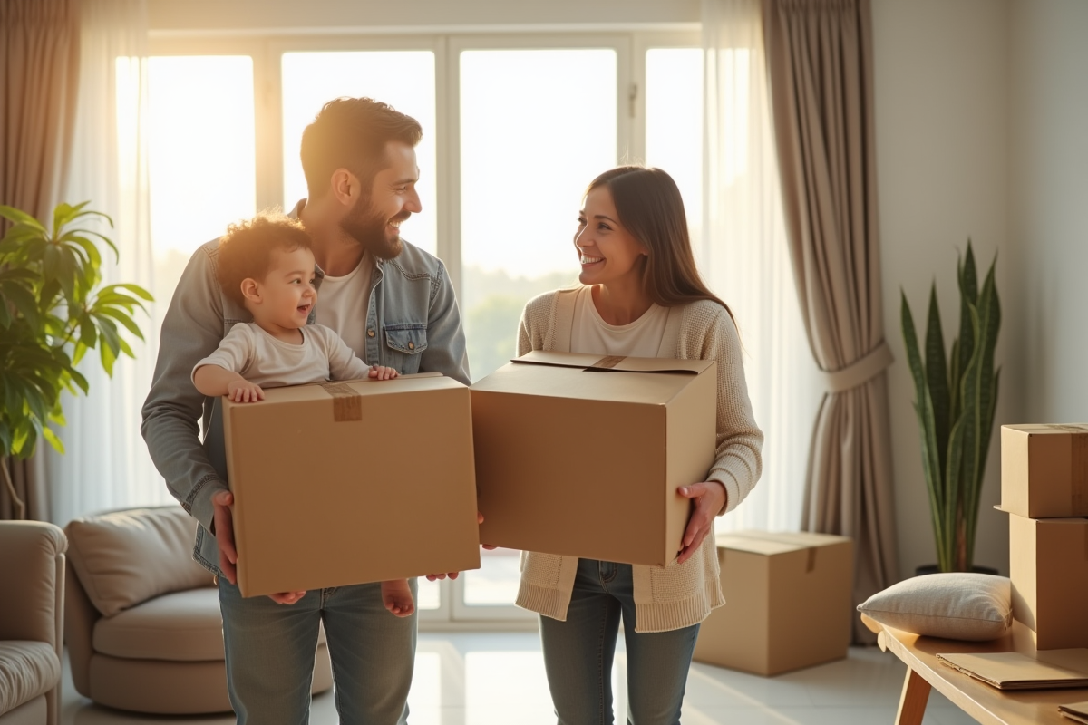 Famille heureuse avec cartons dans un salon lumineux