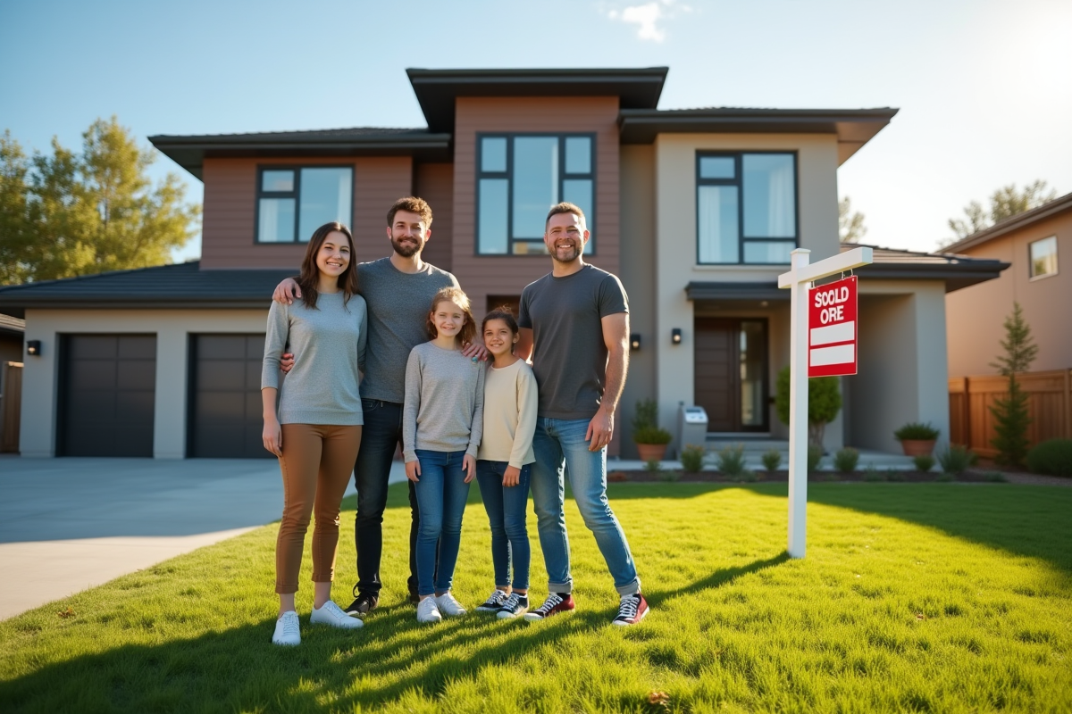 Famille heureuse devant une maison vendue aux enchères
