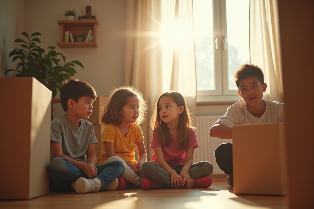 Famille jeune dans un petit appartement en déménagement