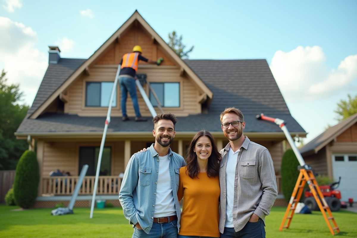 Famille heureuse devant leur maison en réparation