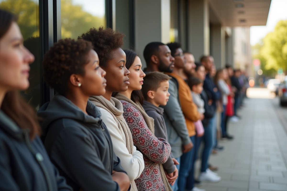 Familles diverses attendant devant une agence de logement social