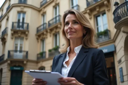 Femme d affaires devant un immeuble haussmannien à Paris