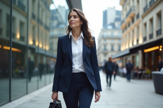 Femme d'affaires en costume dans un quartier parisien