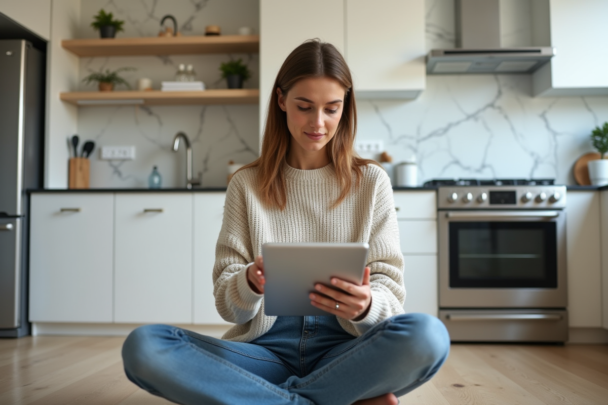 Jeune femme regardant une estimation d automatisation maison dans sa cuisine