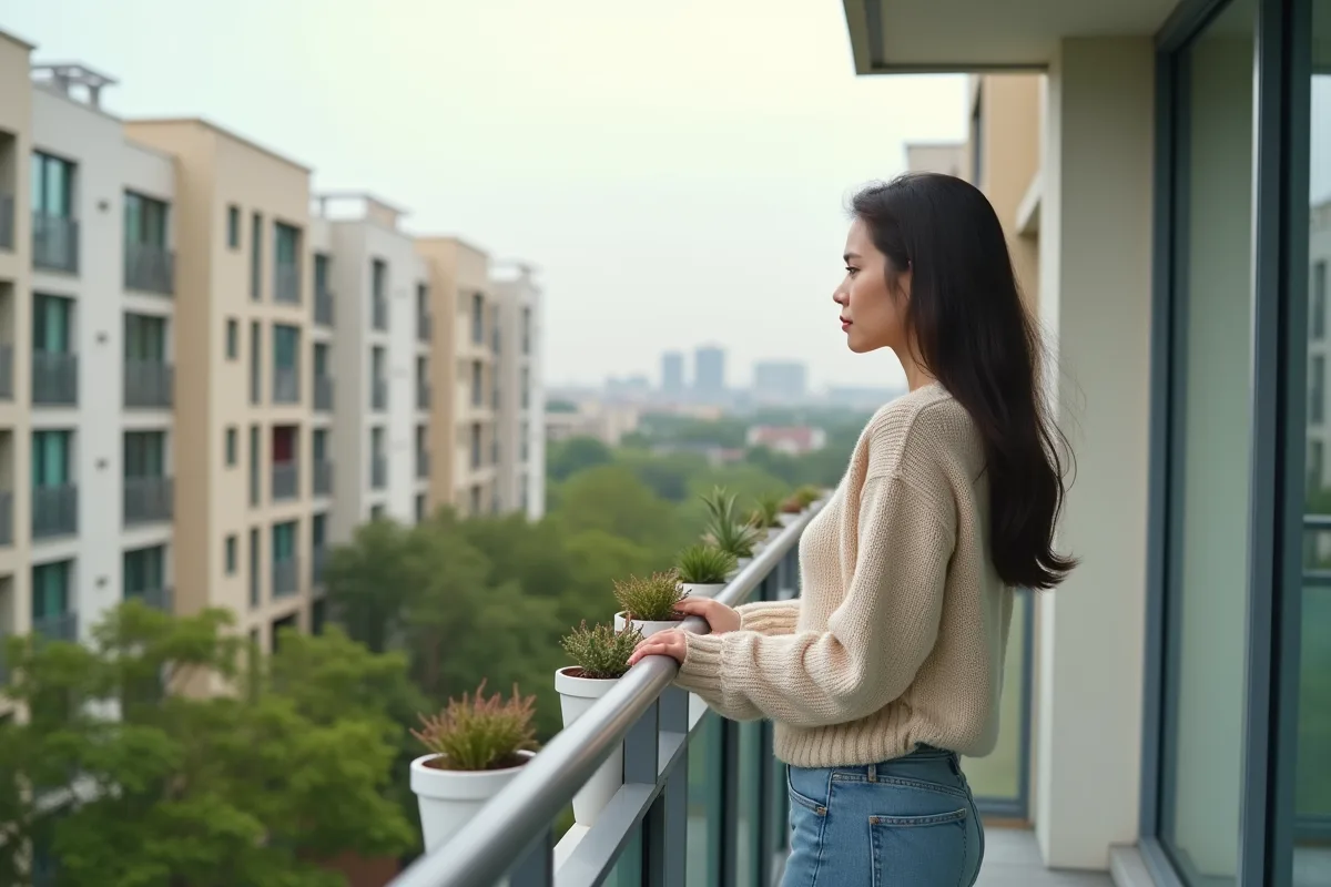 Jeune femme sur balcon d