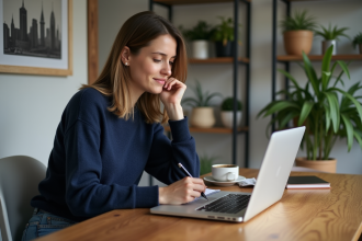 Femme concentrée travaillant sur son ordinateur dans un appartement moderne
