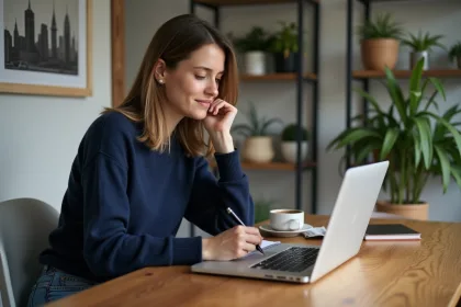 Femme concentrée travaillant sur son ordinateur dans un appartement moderne
