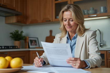 Femme d'&acirc;ge moyen examinant des documents de pr&ecirc;t immobilier