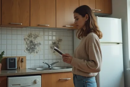 Jeune femme examine des taches de moisissure dans une cuisine