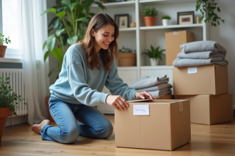 Femme souriante emballant une box de déménagement dans un salon lumineux