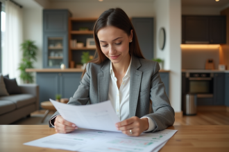 Femme d affaires analysant des documents financiers dans un appartement