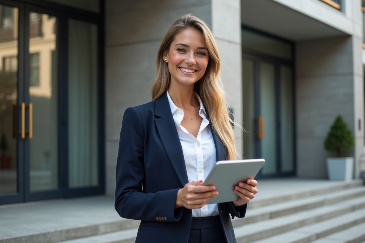 Jeune femme avec tablette devant immeuble moderne