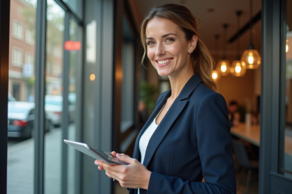 Femme confiante en costume dans une agence immobiliere