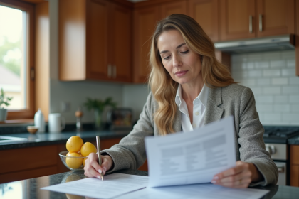 Femme d'âge moyen examinant des documents d'impôts à la maison