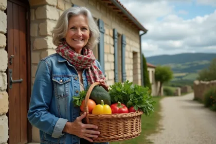Femme en veste en denim et foulard floral dans un village rural