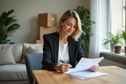 Femme lisant un contrat de location dans un appartement lumineux