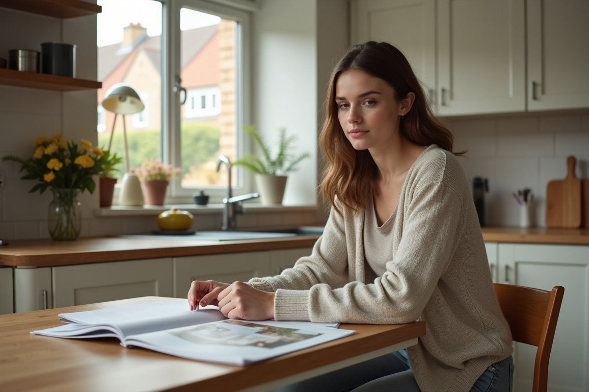 Jeune femme regardant des brochures immobilières dans la cuisine