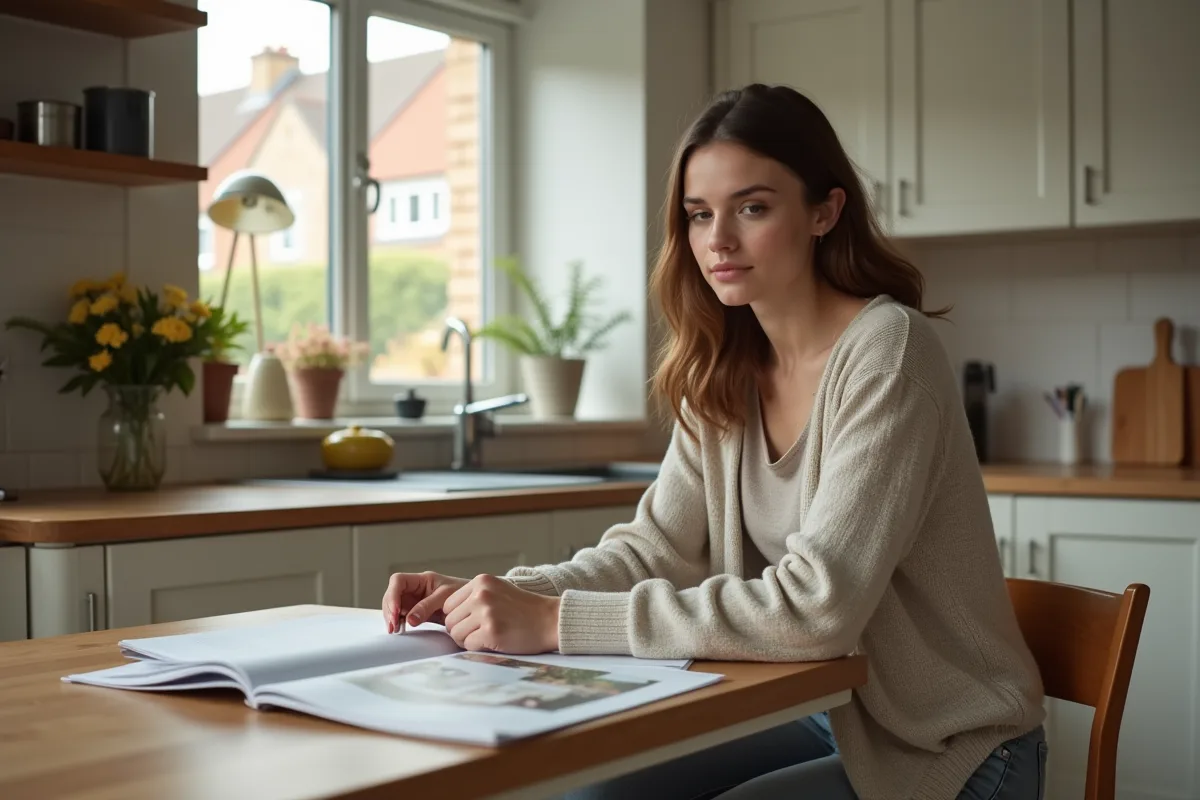 Jeune femme regardant des brochures immobilières dans la cuisine