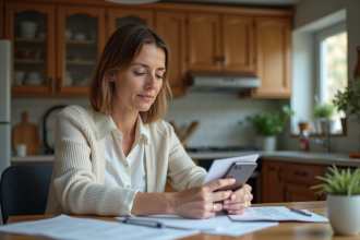Femme d'âge moyen examinant des documents d'assurance à la maison