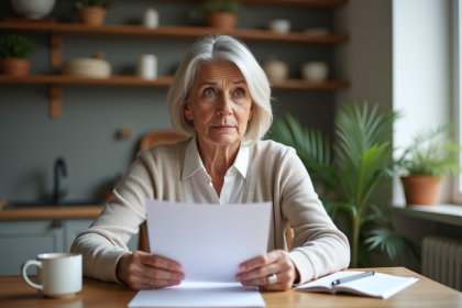 Femme mature lisant documents d'assurance maison
