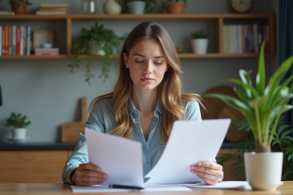 Jeune femme en travail lisant un dossier de location