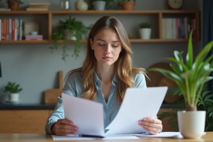 Jeune femme en travail lisant un dossier de location