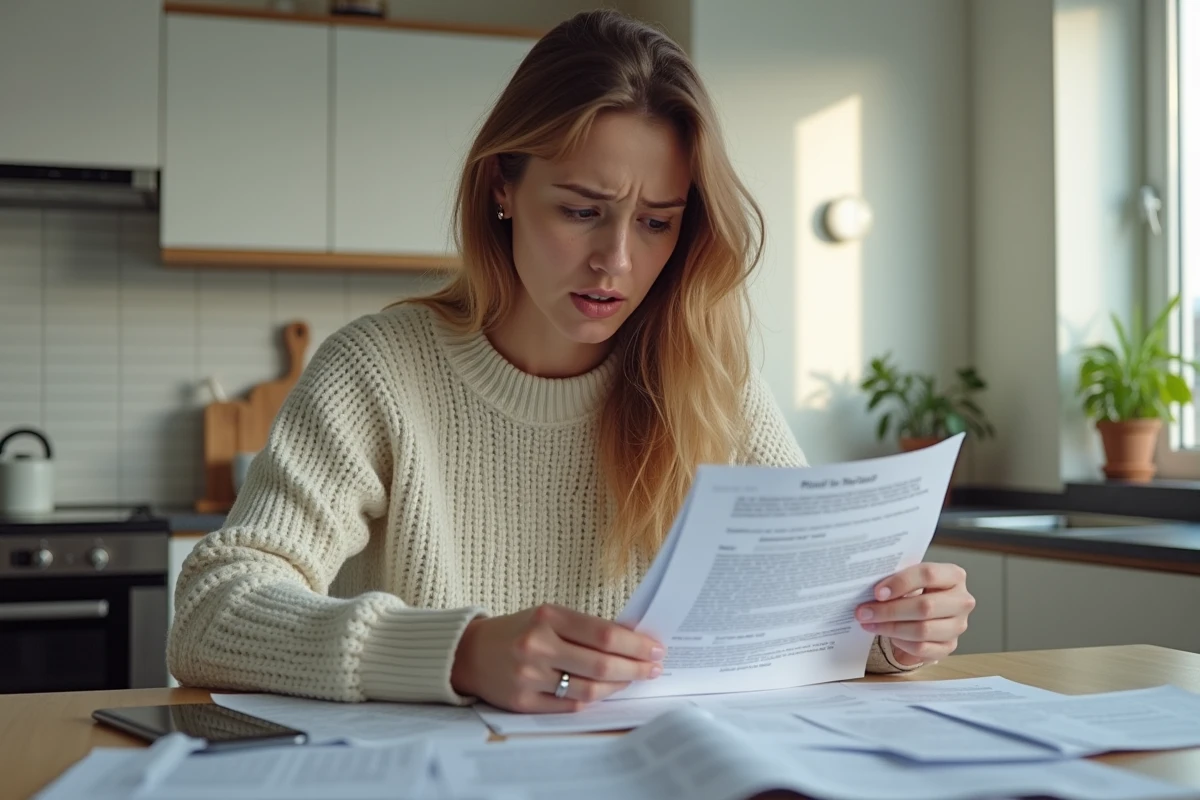 Jeune femme inquiète vérifiant des avis de loyer impayés